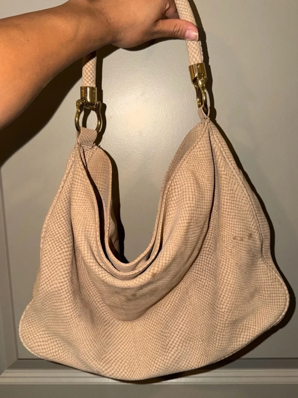 Talbots Beige Textured Hobo Bag with Gold Hardware - Women's Shoulder Bag